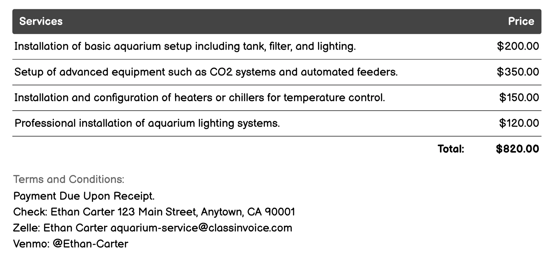 Aquarium Equipment Installation Invoice Example