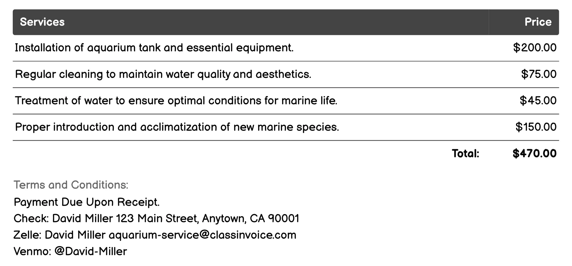 Marine Life Introduction and Care Invoice Example