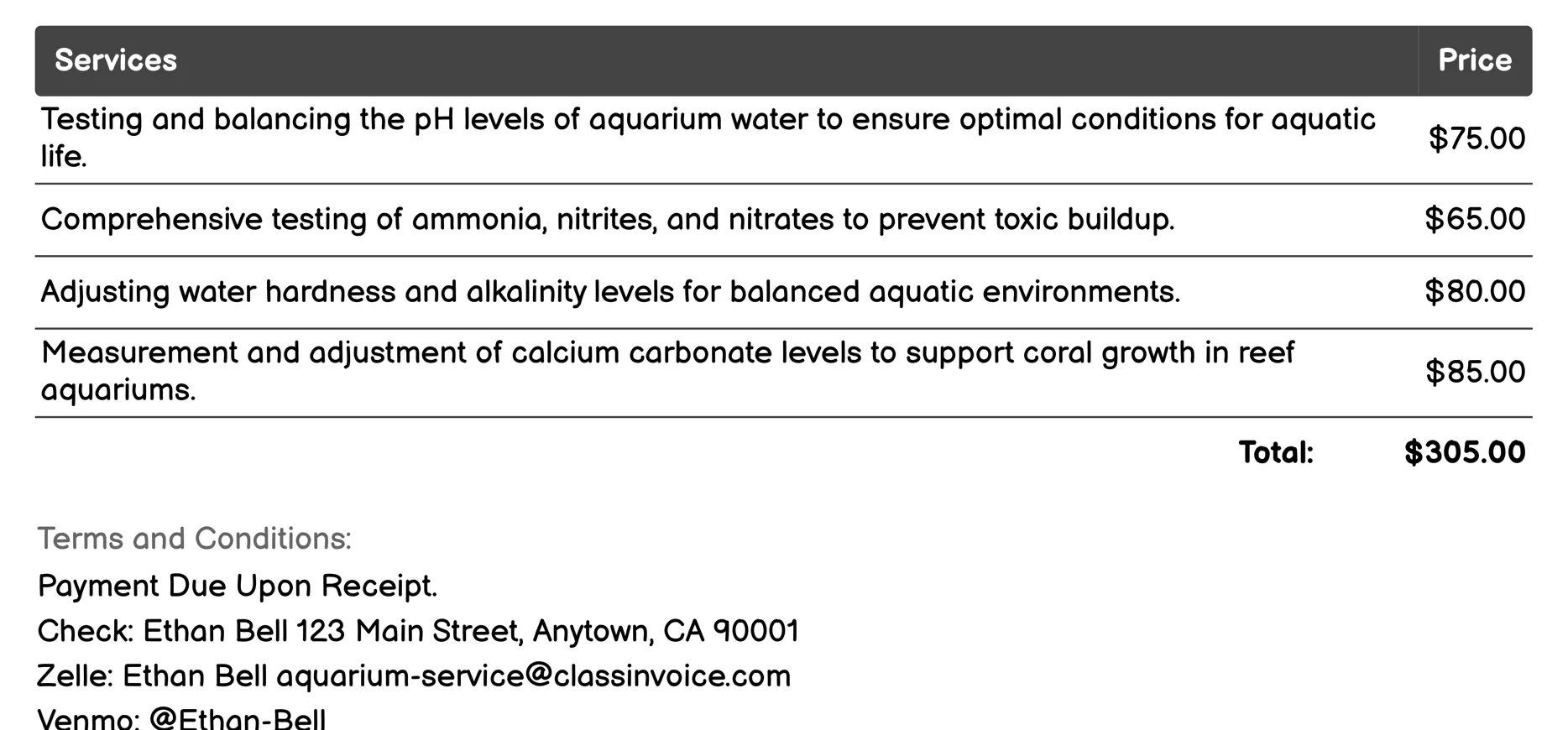 Water Chemistry Management Invoice Example