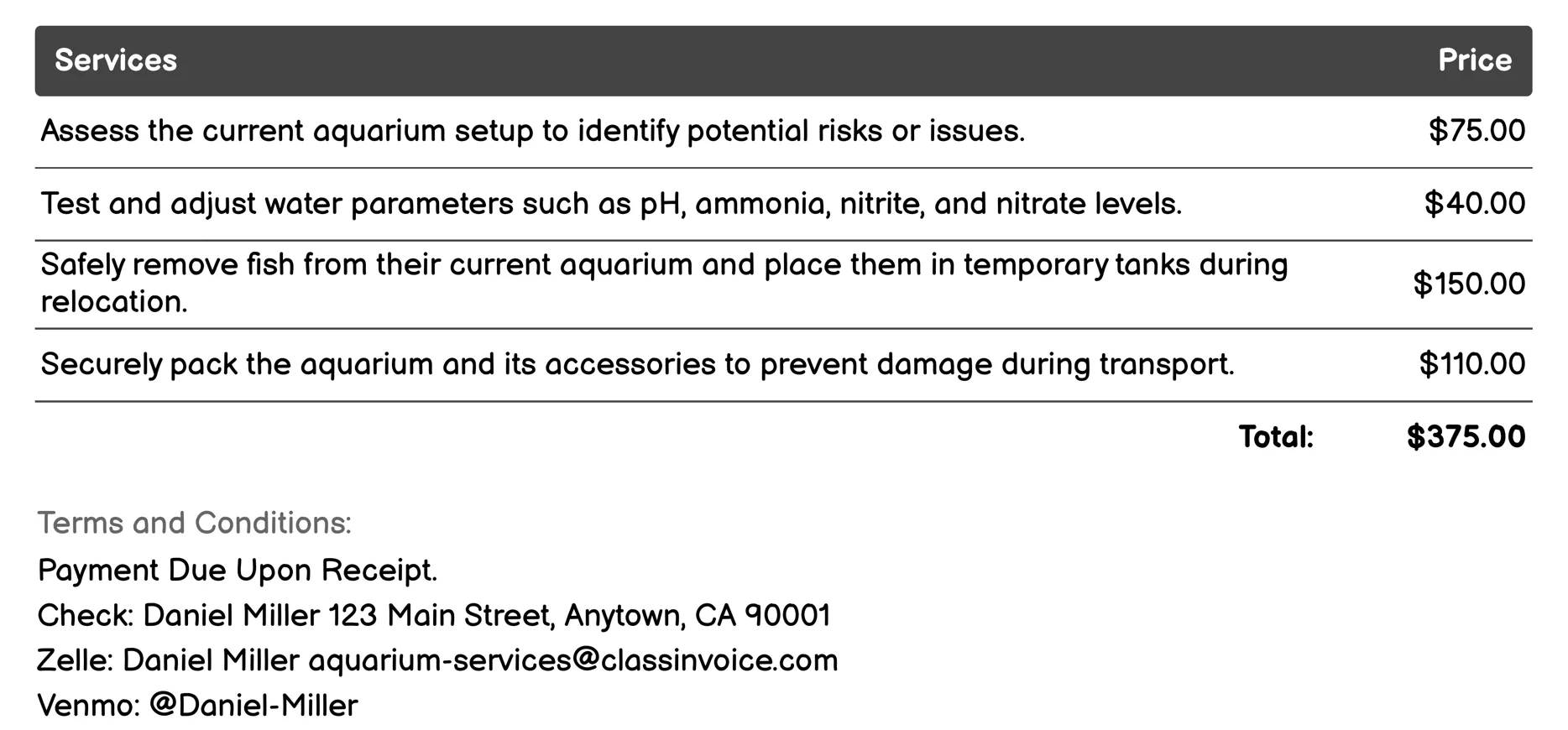 Aquarium Relocation Services Invoice Example