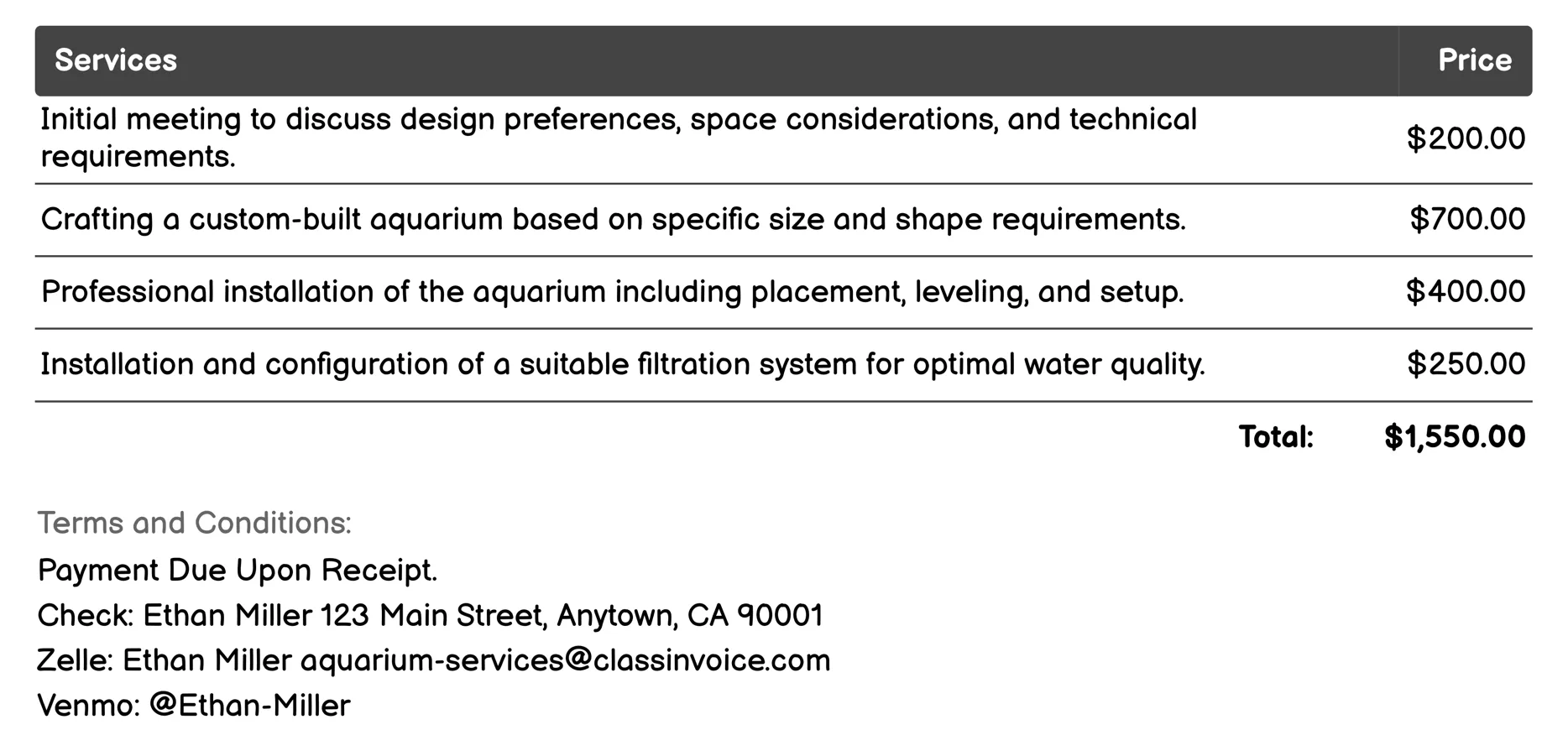 Aquarium Setup and Installation Invoice Example