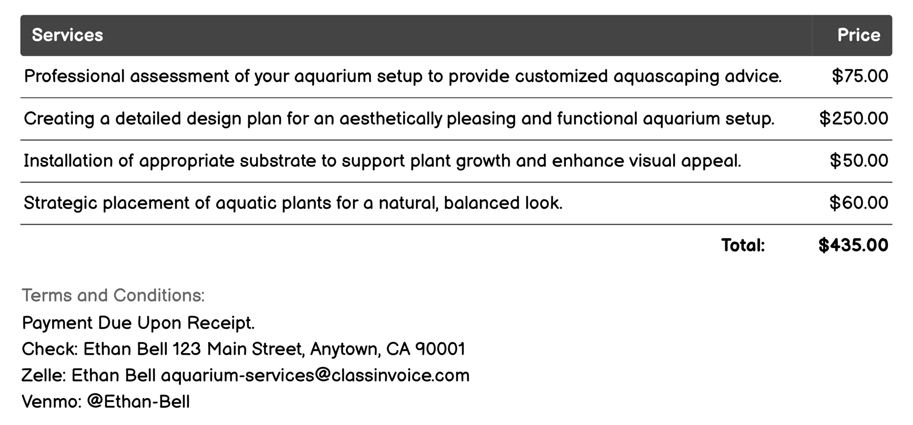 Aquascaping Invoice Example