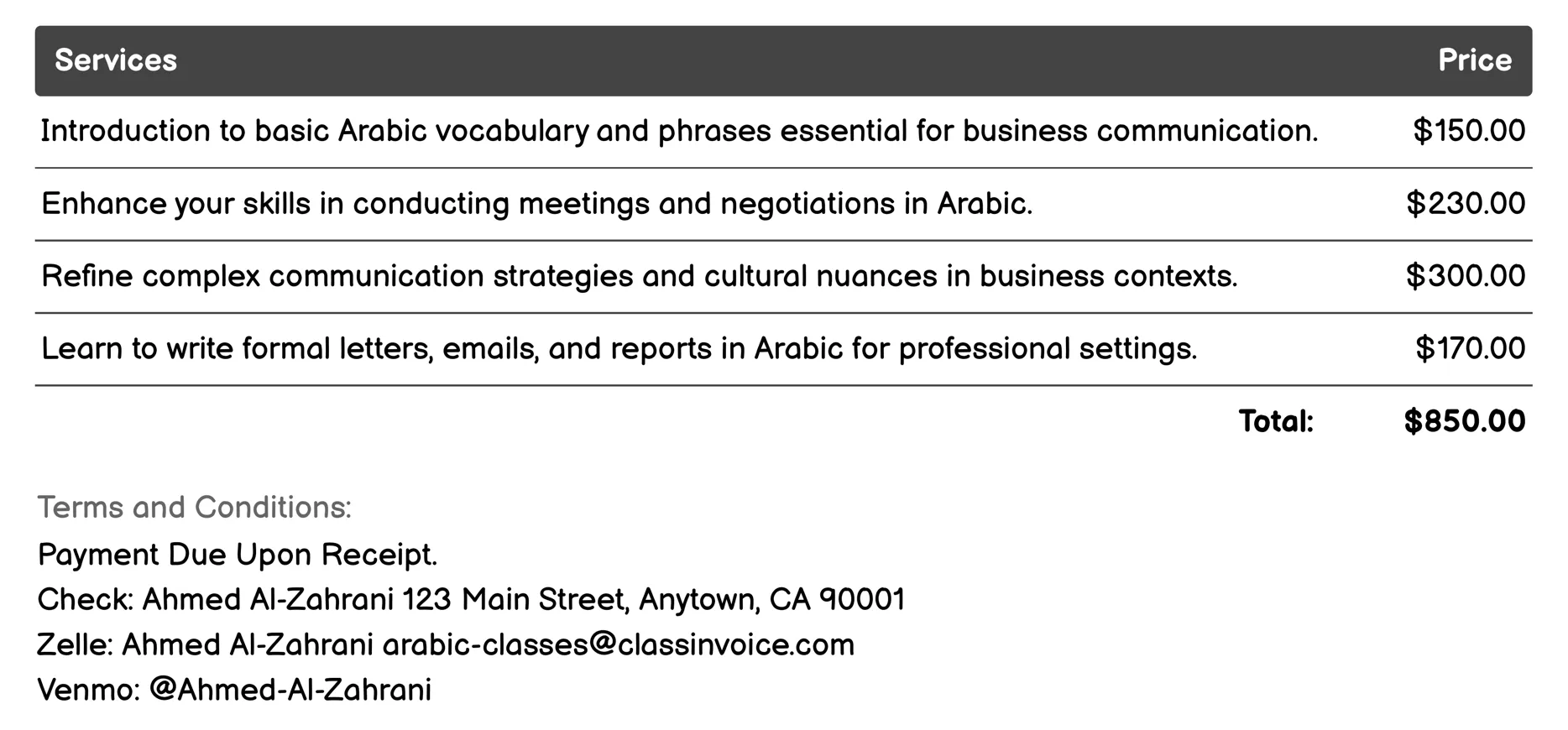 Arabic for Business Invoice Example