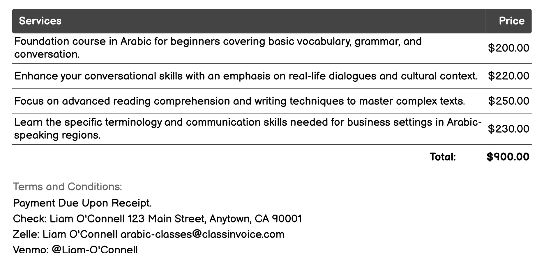 Group Arabic Classes Invoice Example