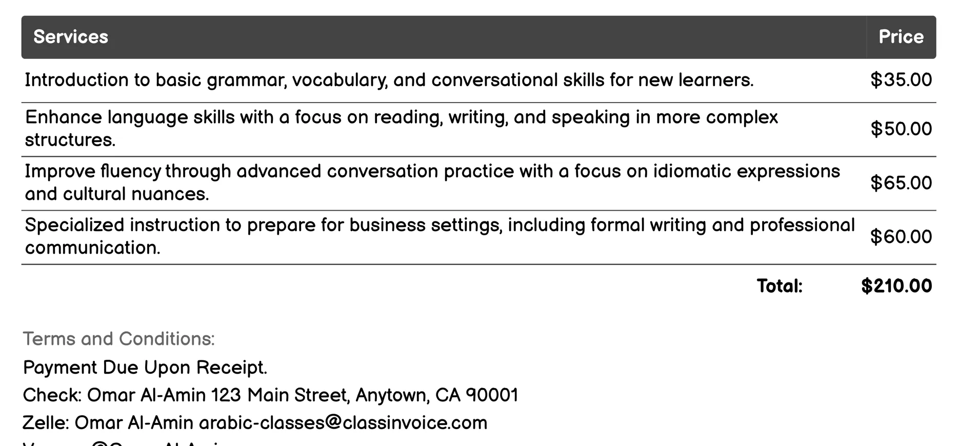 Private Arabic Tutoring Invoice Example