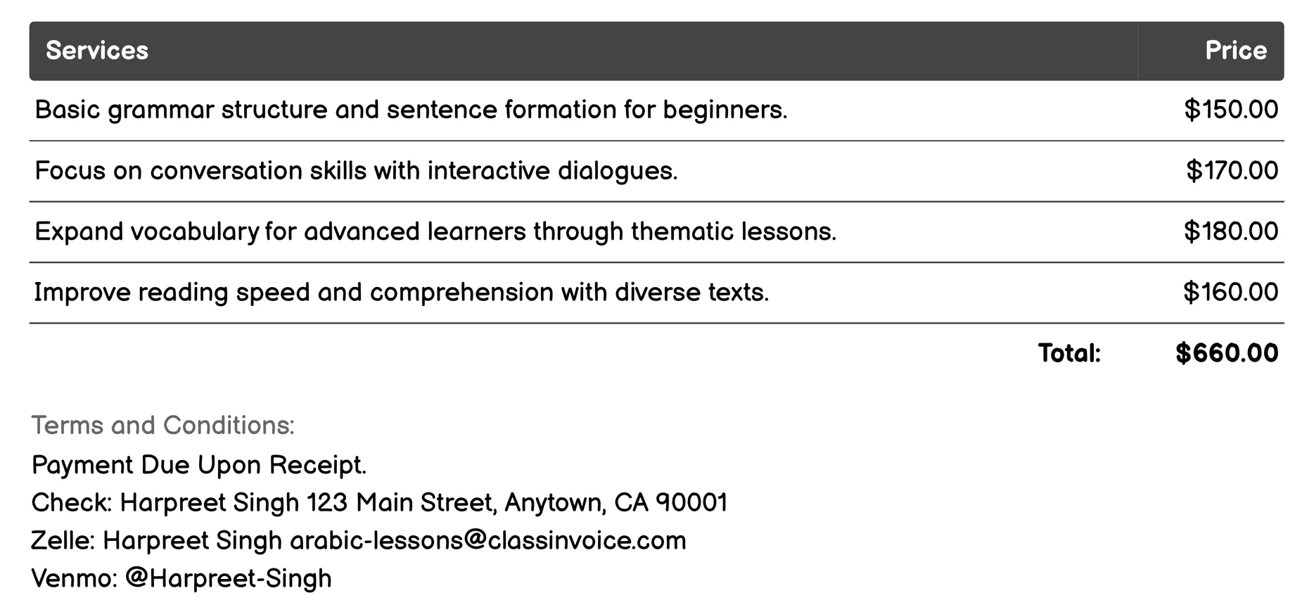 Group Arabic Classes Invoice Example