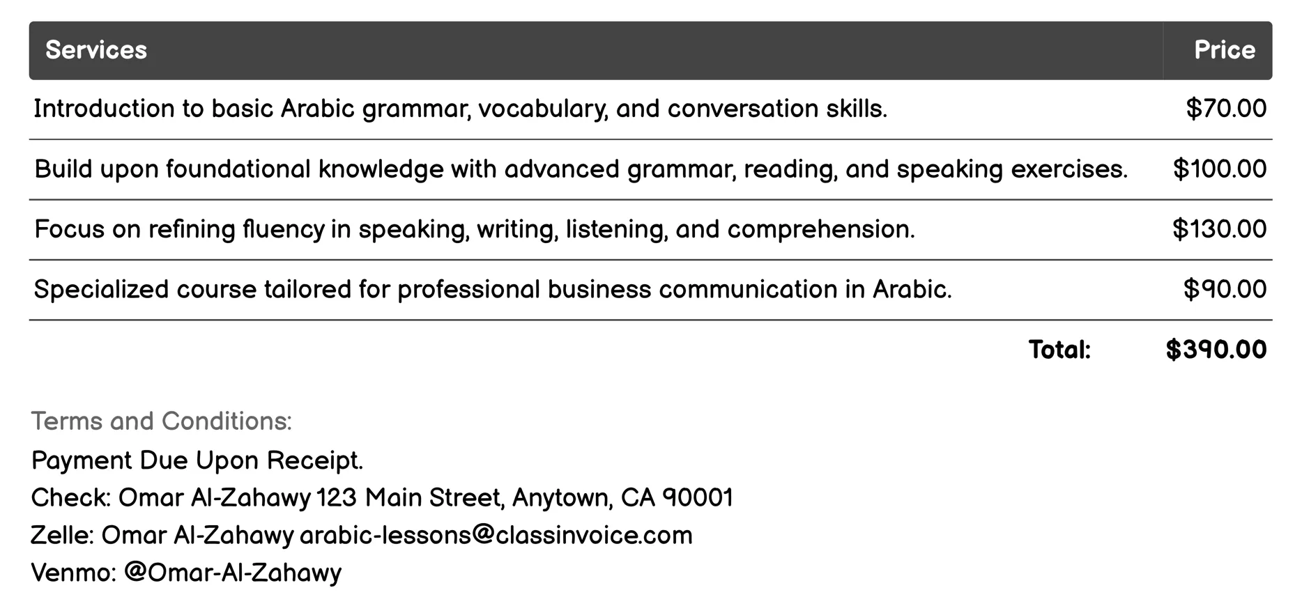 Online Arabic Courses Invoice Example