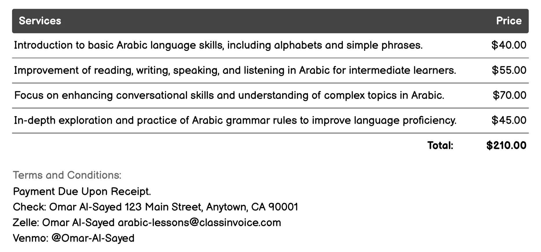 Private Arabic Tutoring Invoice Example