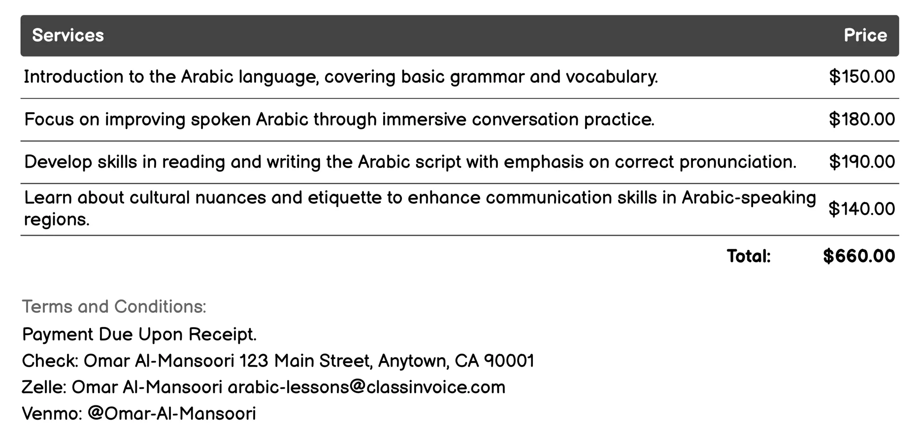 Travel Arabic Courses Invoice Example