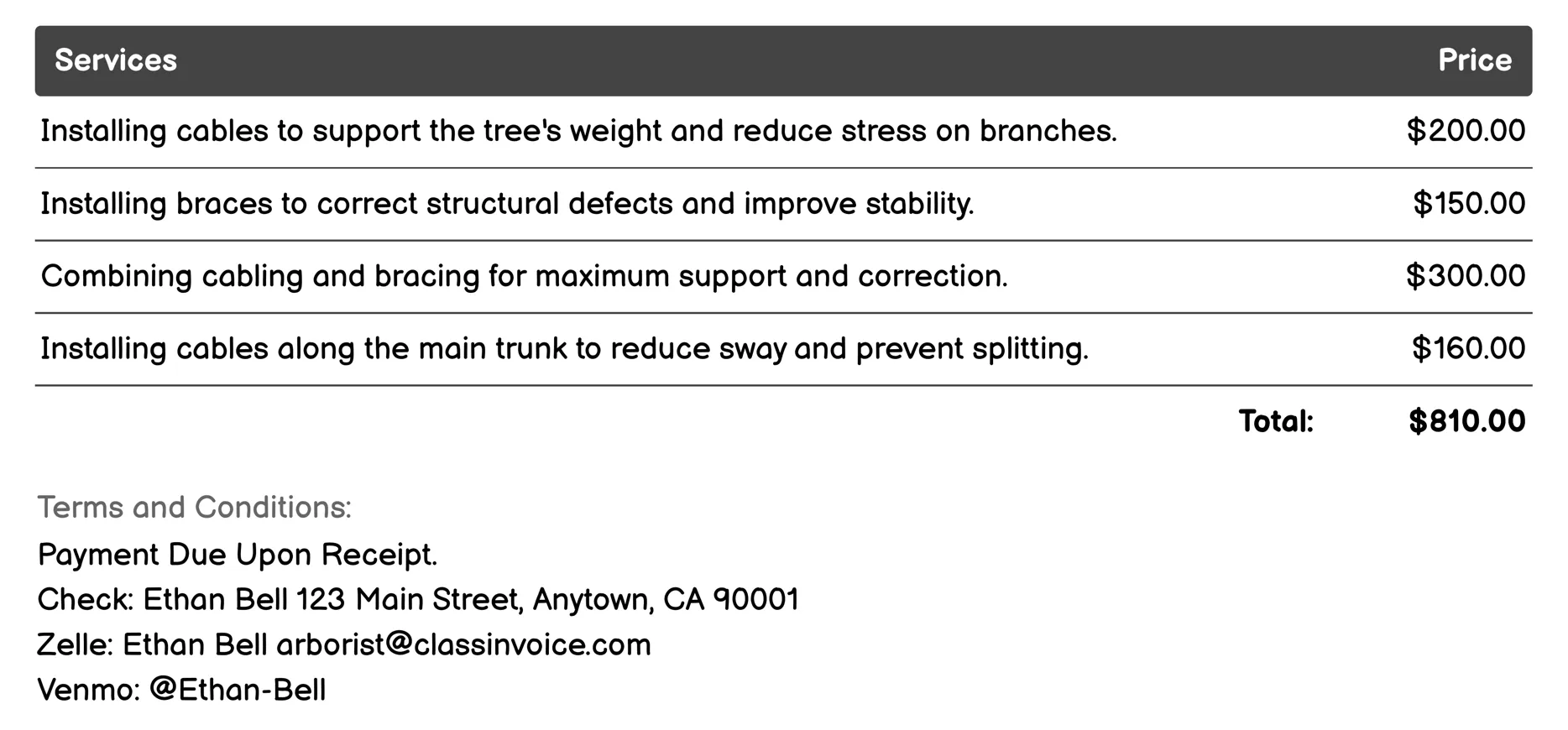 Cabling and Bracing Invoice Example