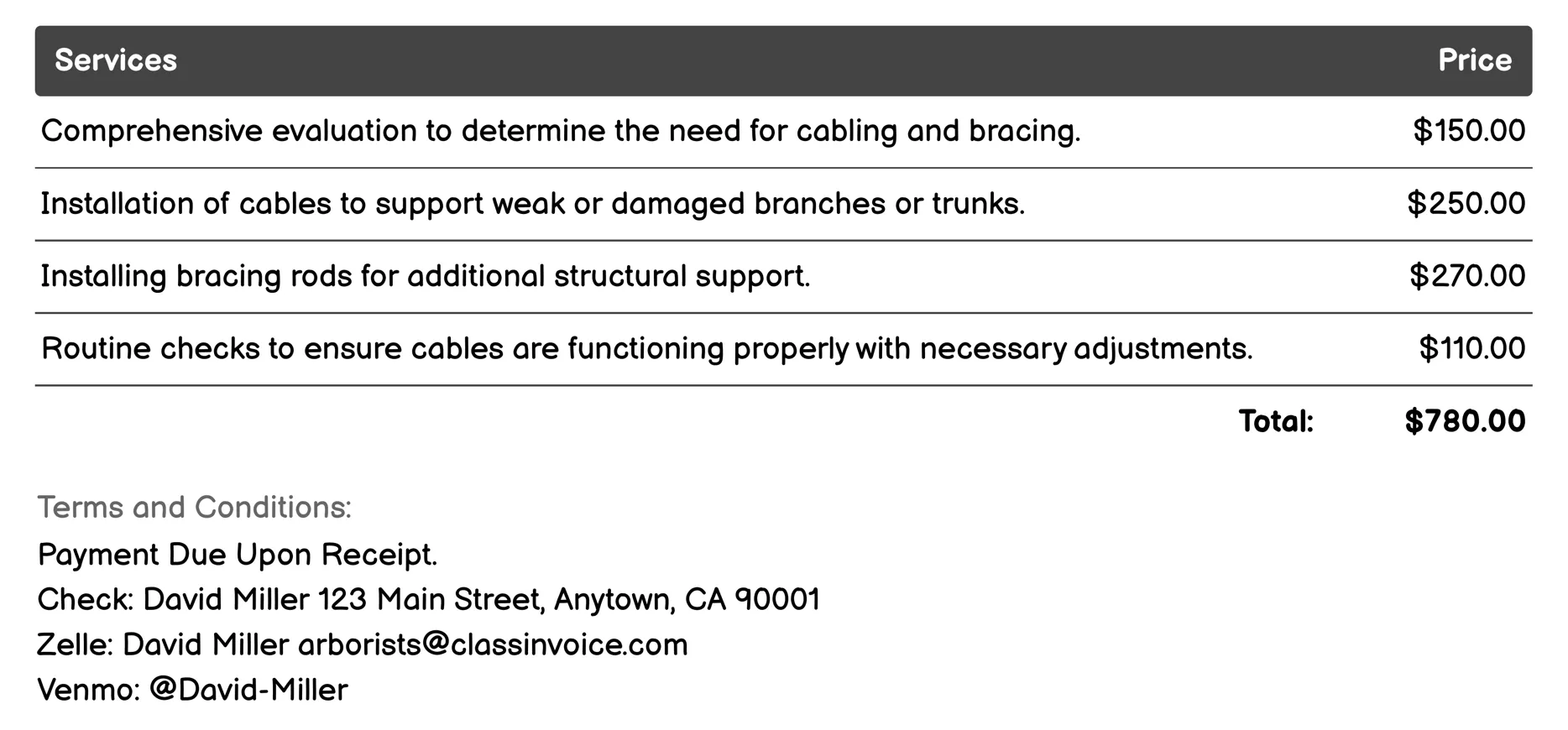 Cabling and Bracing Invoice Example