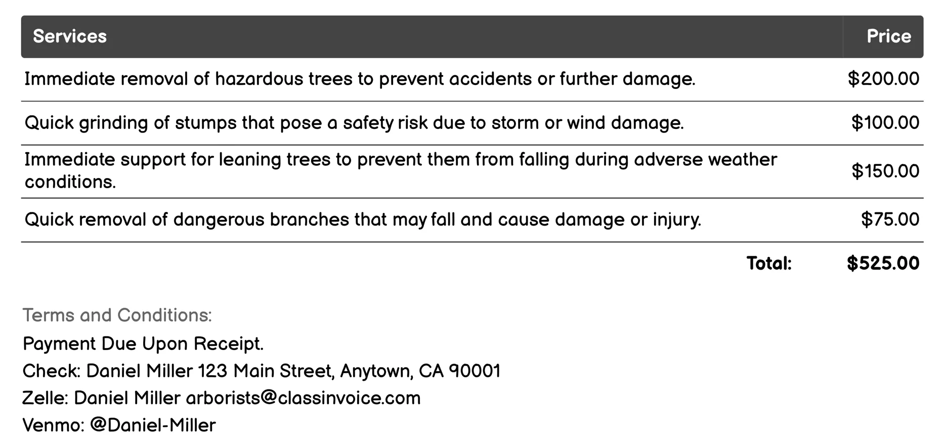 Emergency Tree Care Invoice Example