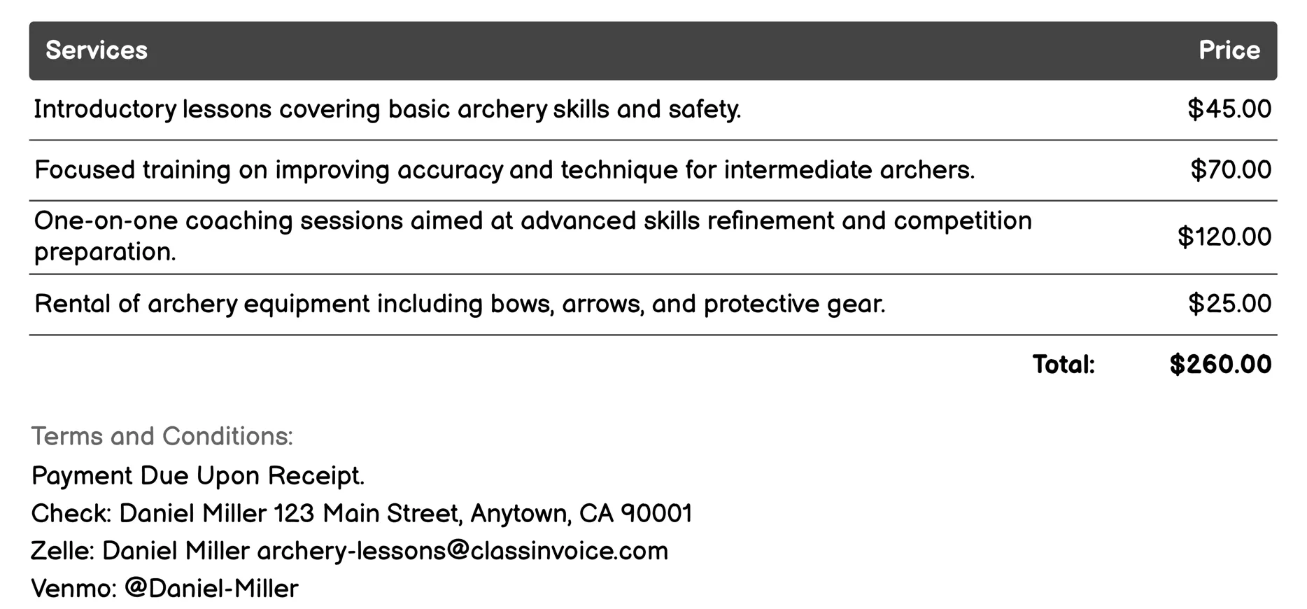 Archery Tournaments Invoice Example