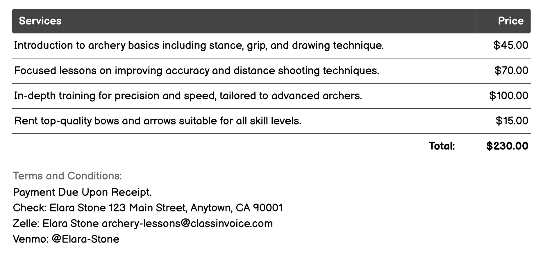 Outdoor Archery Retreats Invoice Example