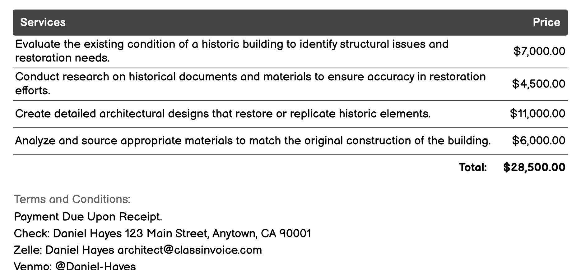 Architectural Restoration Invoice Example