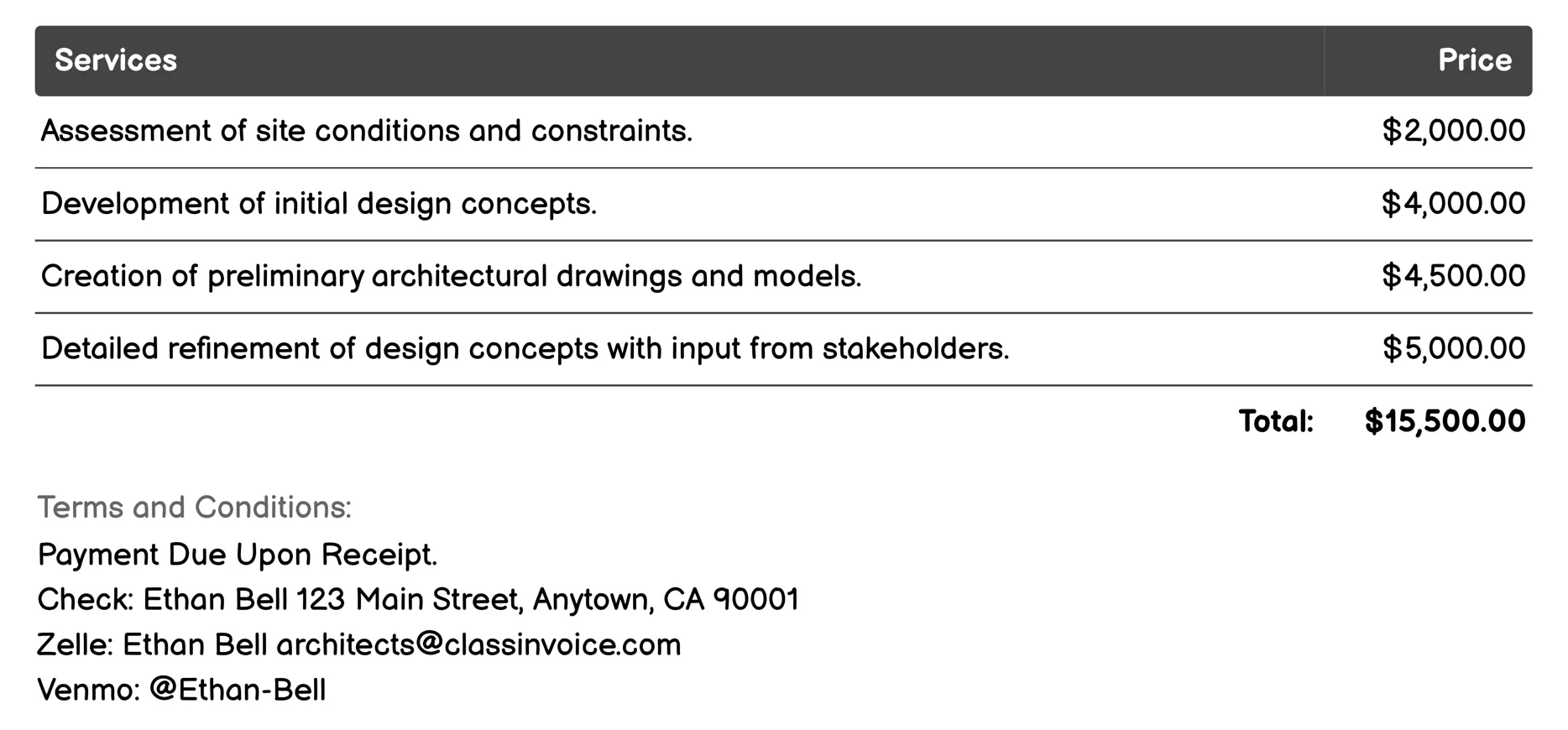 Commercial Architecture Invoice Example
