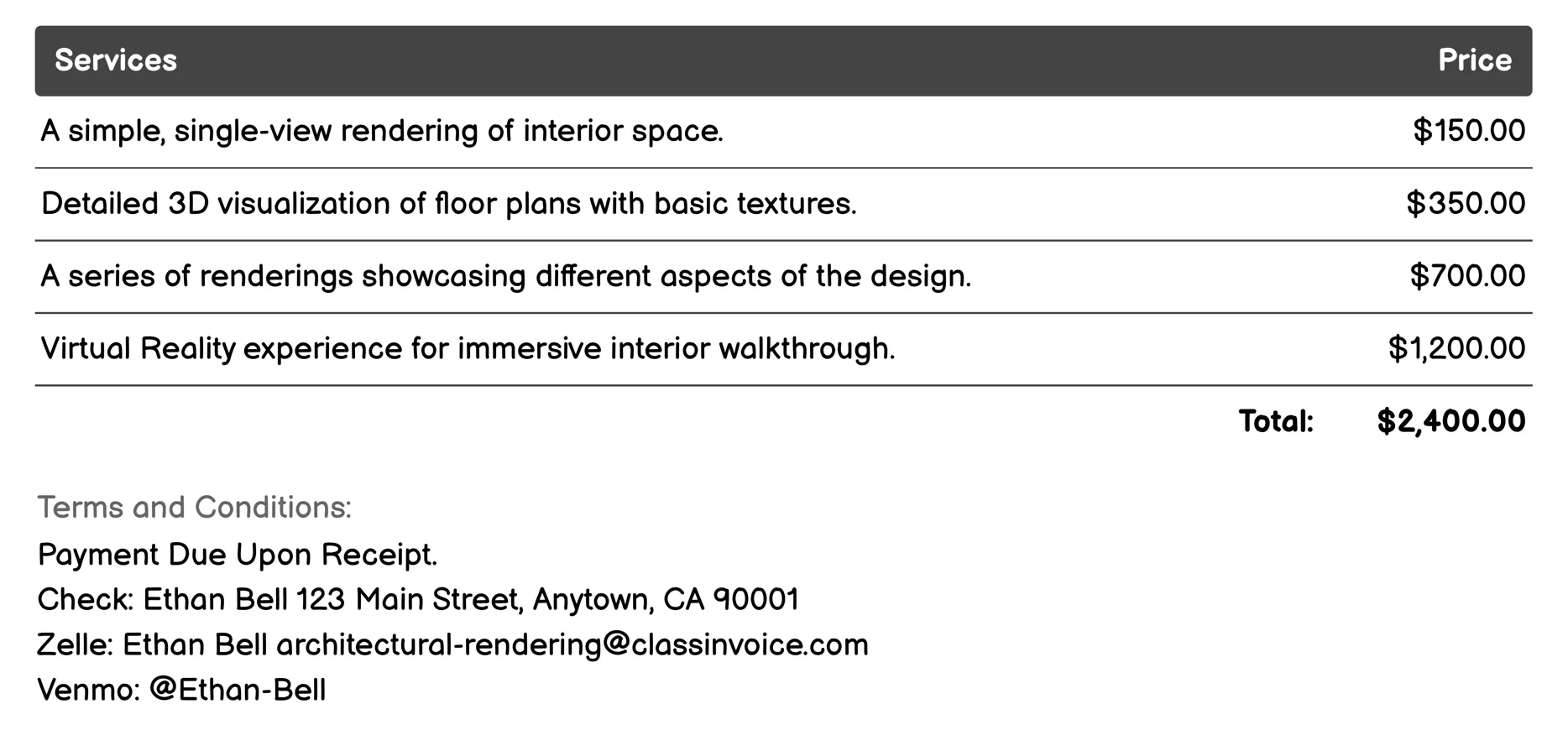 Interior Design Visualization Invoice Example