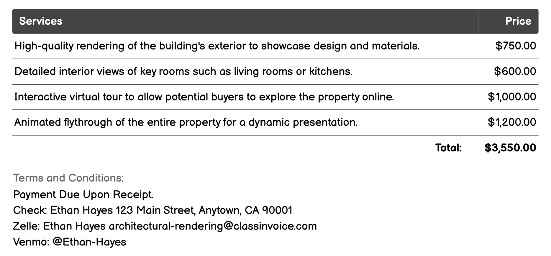 Real Estate Marketing Renderings Invoice Example