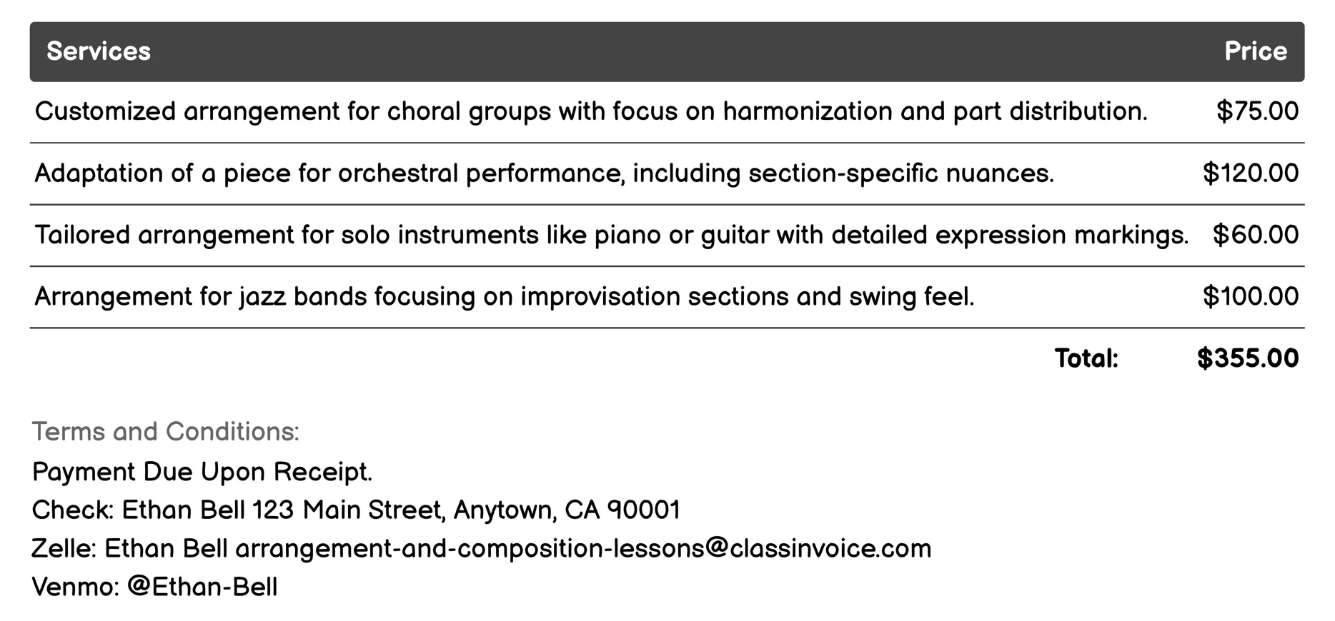 Customized Arrangement Lessons Invoice Example