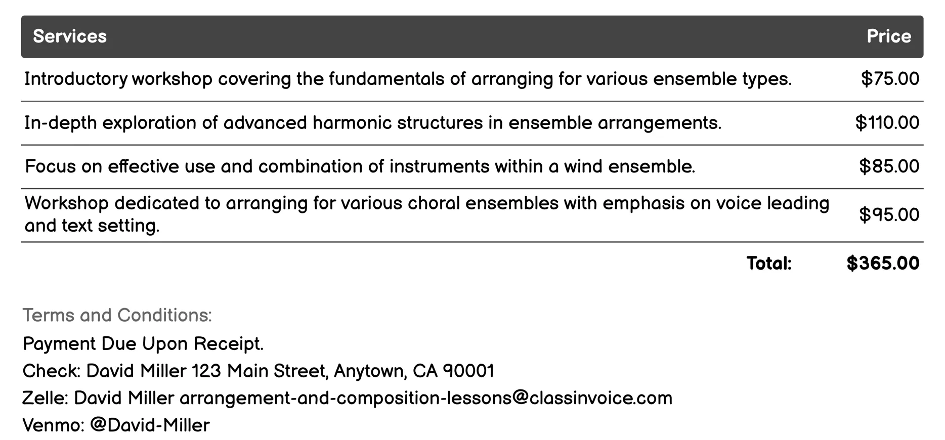 Ensemble Arranging Workshops Invoice Example