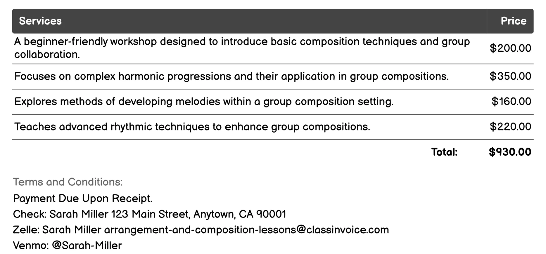 Group Composition Workshops Invoice Example