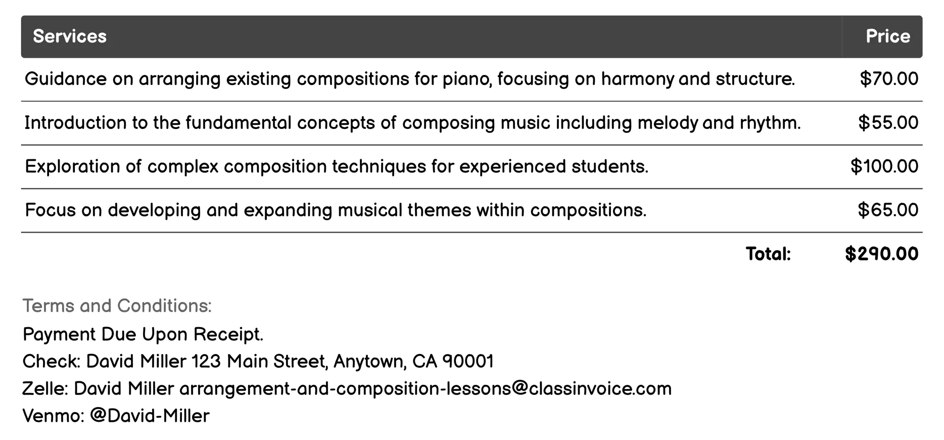 Private Piano Lessons Invoice Example