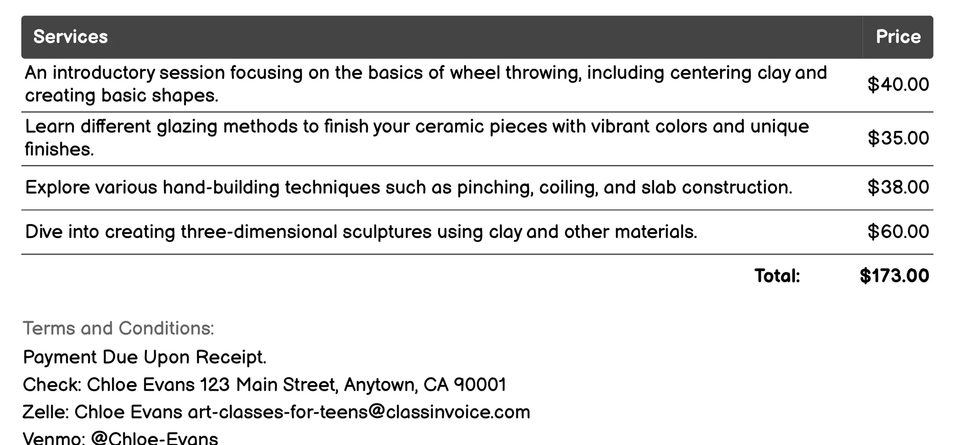 Ceramic Arts Workshops Invoice Example