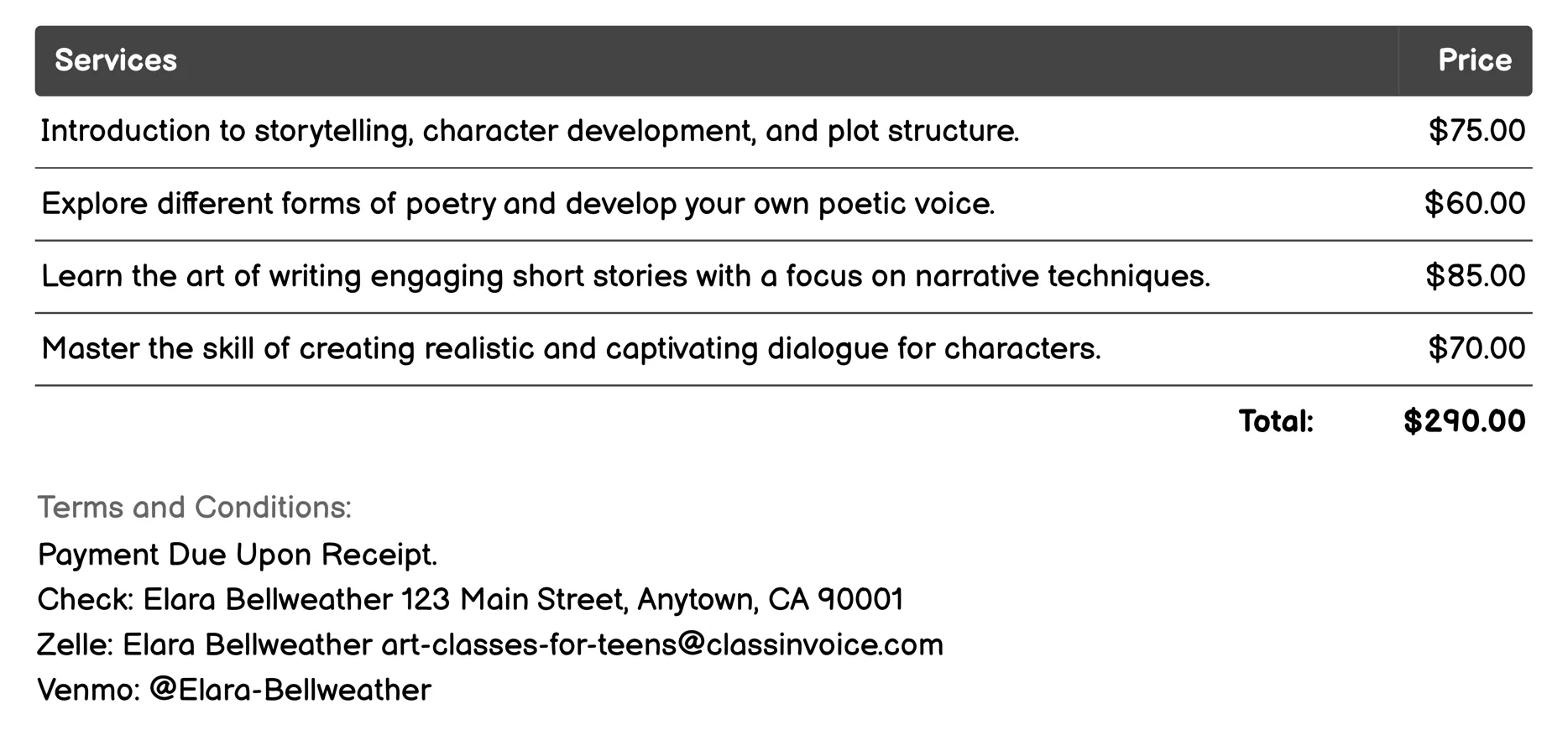 Creative Writing Workshops Invoice Example