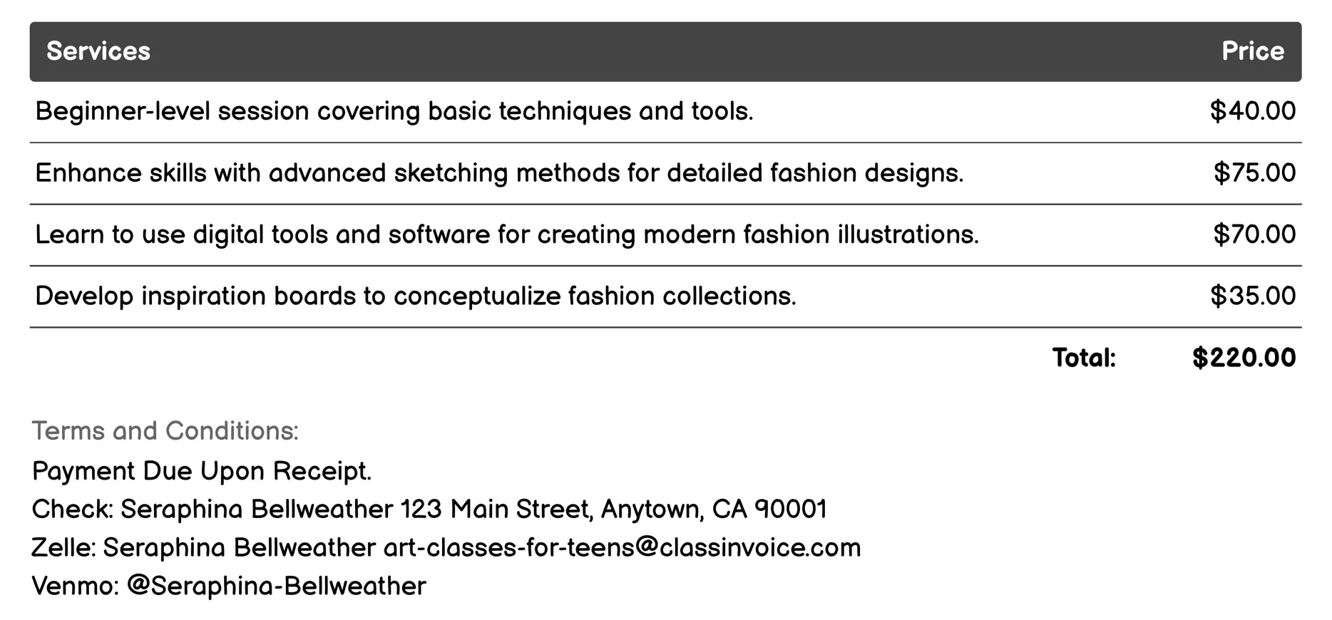 Fashion Illustration Sessions Invoice Example
