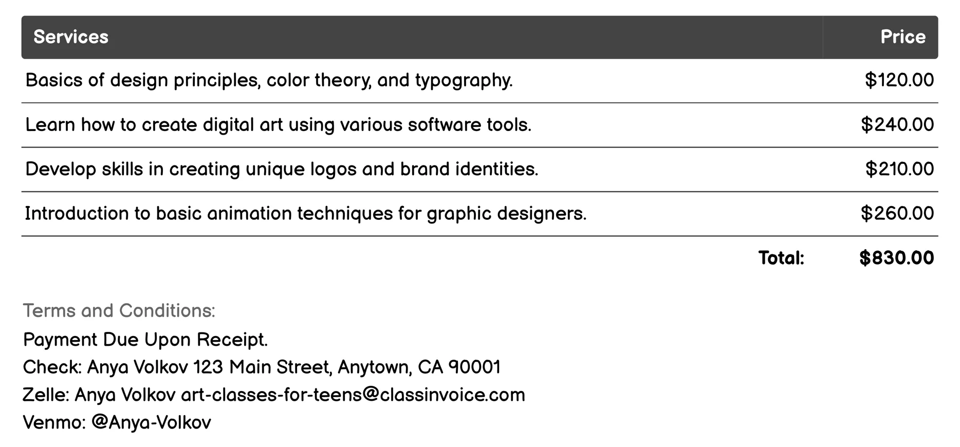 Graphic Design Classes Invoice Example