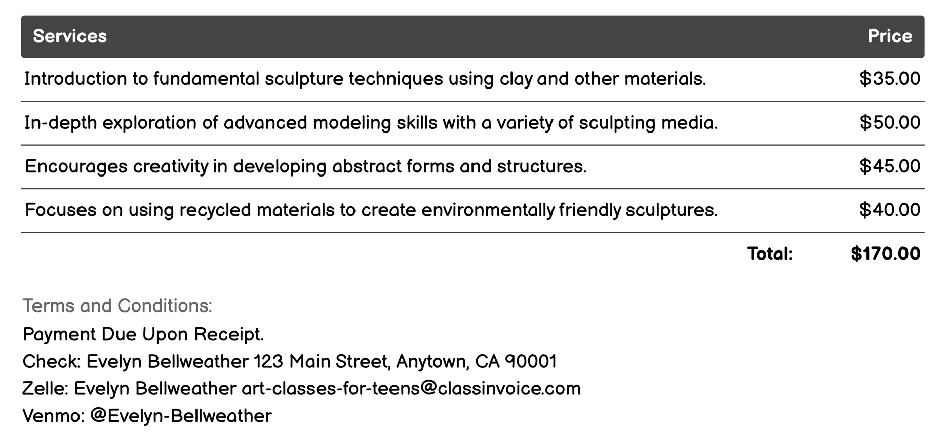 Sculpture Classes Invoice Example