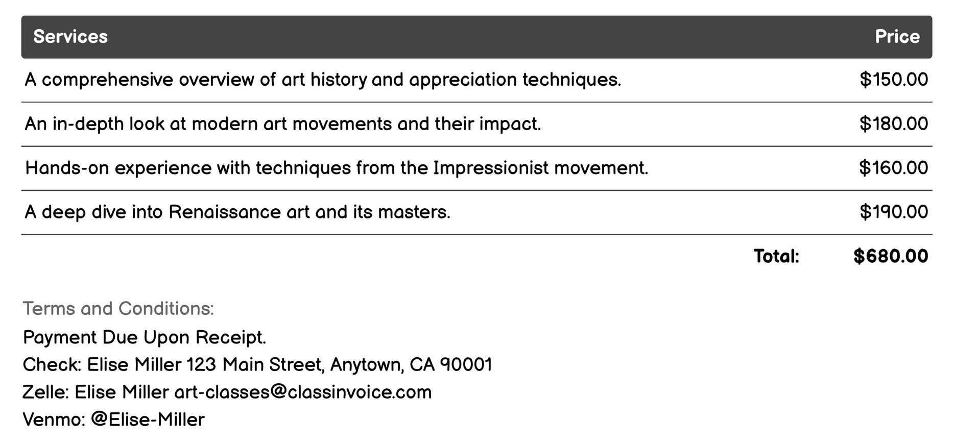 Art Appreciation Courses Invoice Example
