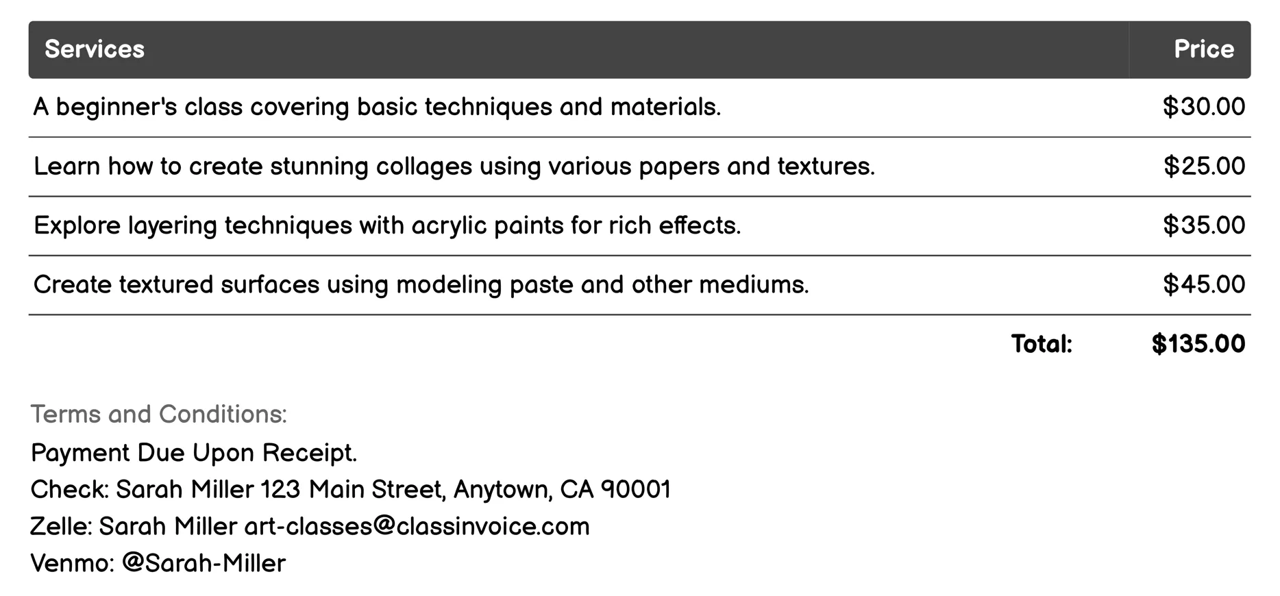 Mixed Media Classes Invoice Example