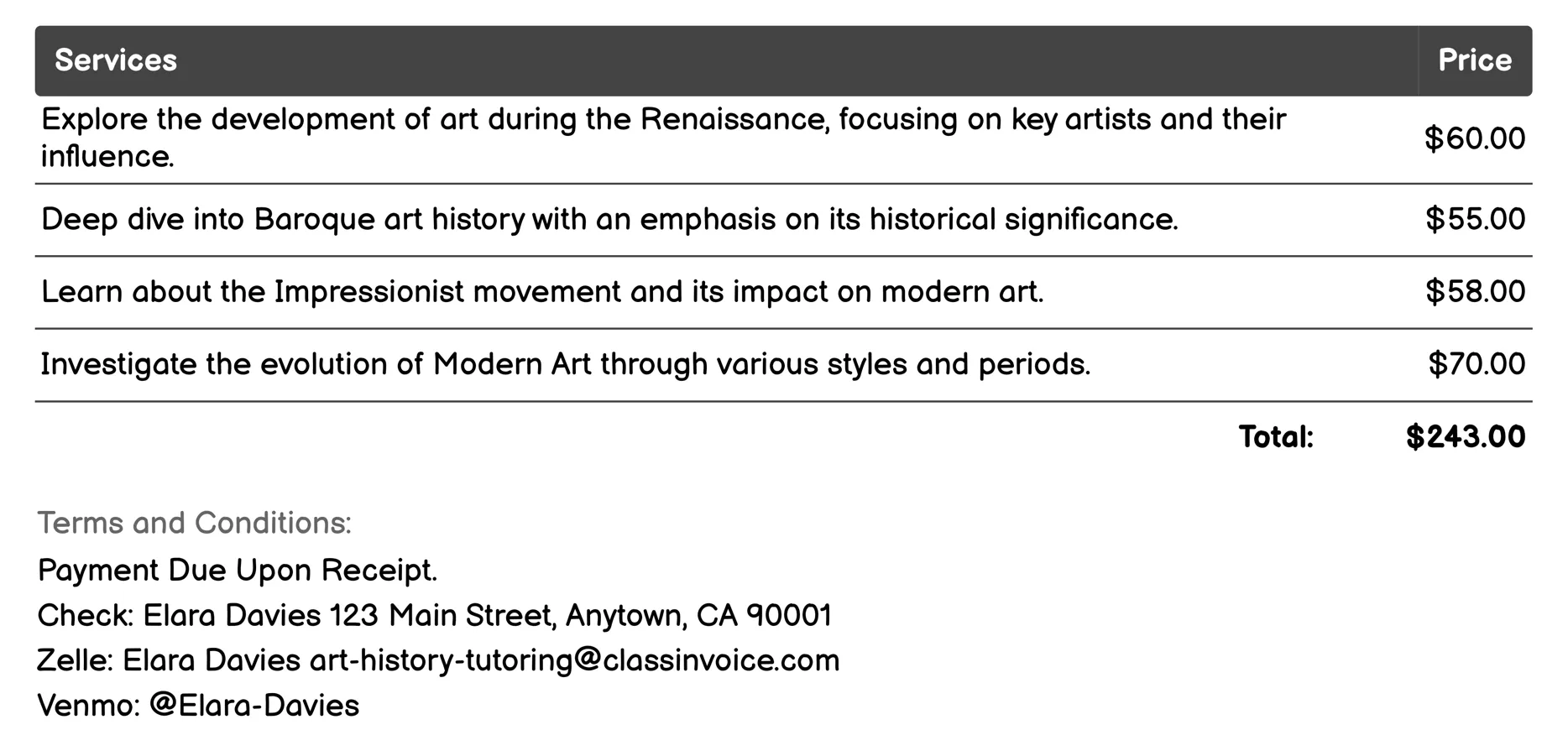 Historical Context Lessons Invoice Example