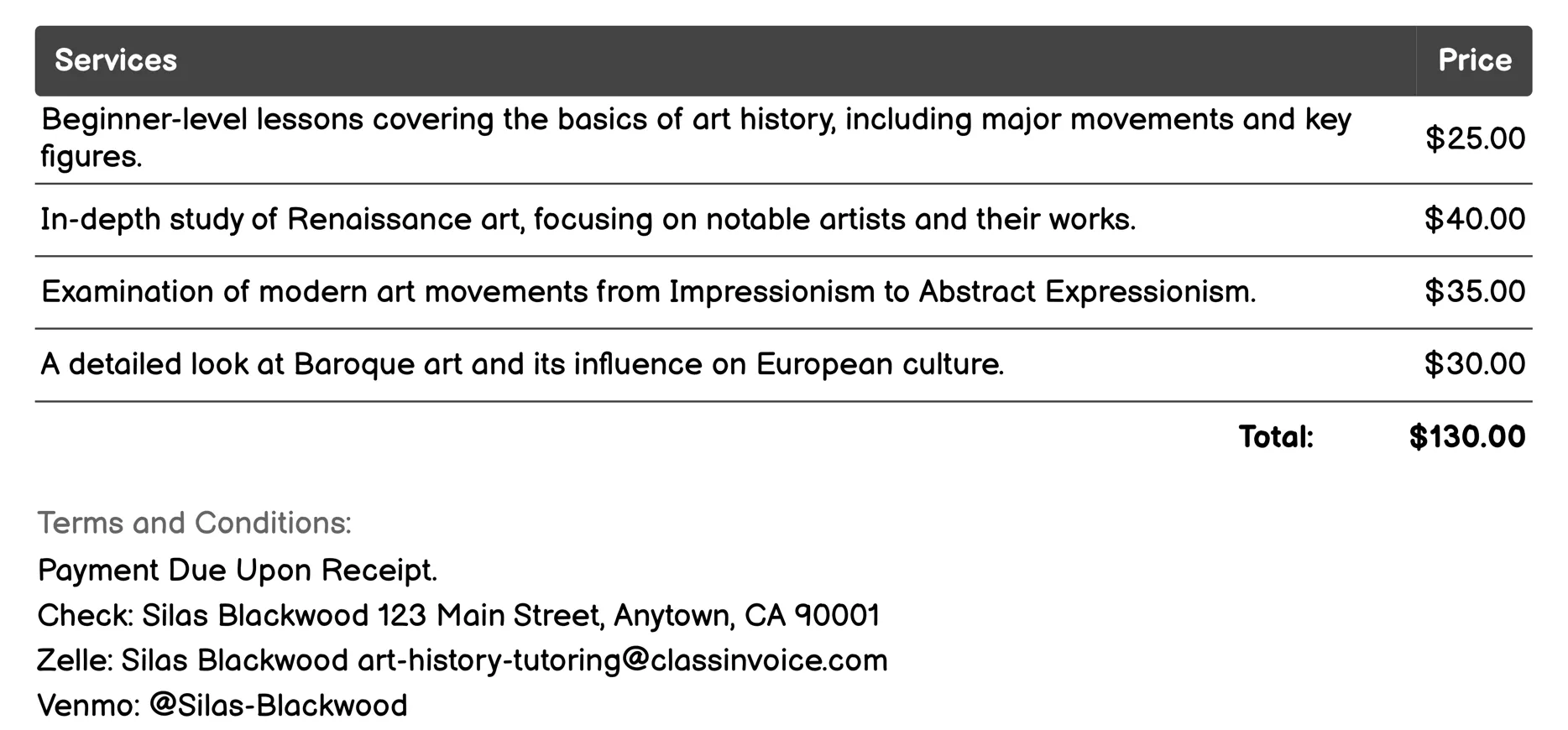 Online Tutoring Invoice Example