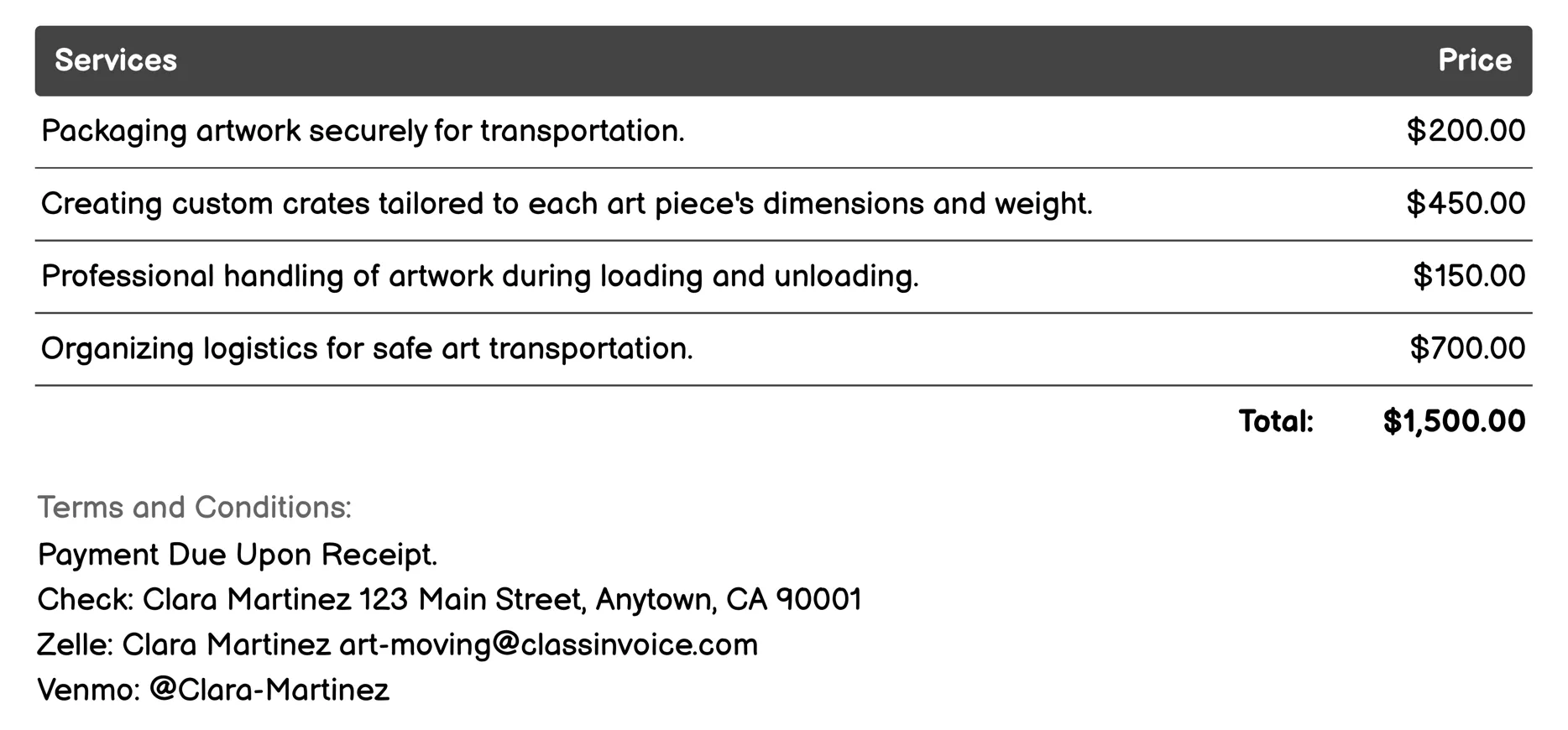 Art Packing Services Invoice Example