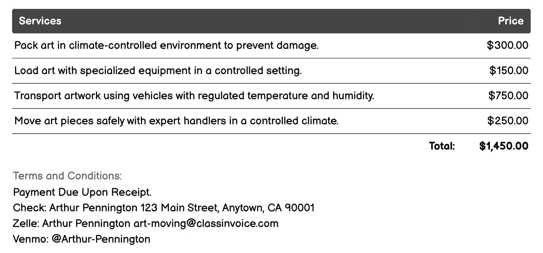 Climate-Controlled Transport Invoice Example