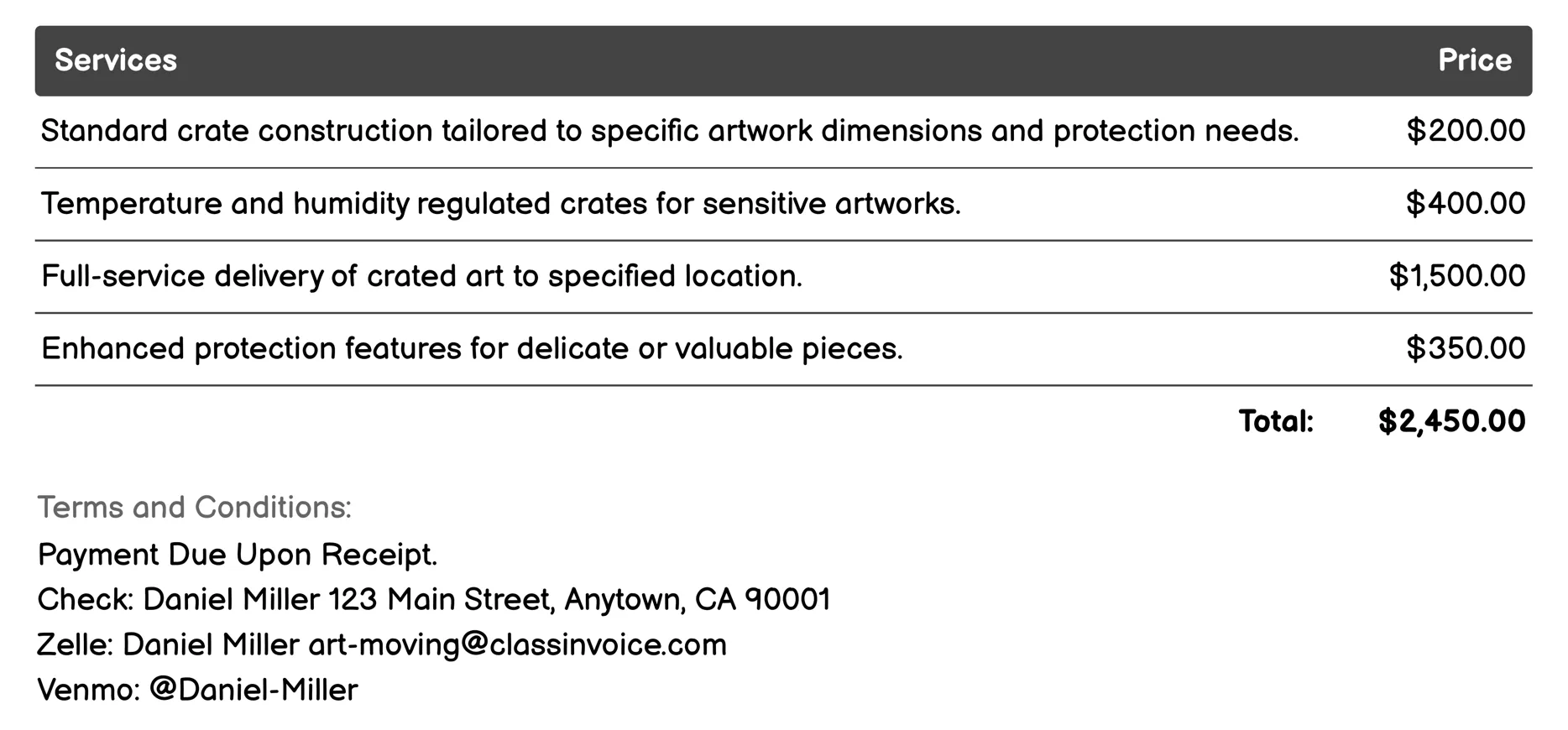Custom Crating Services Invoice Example