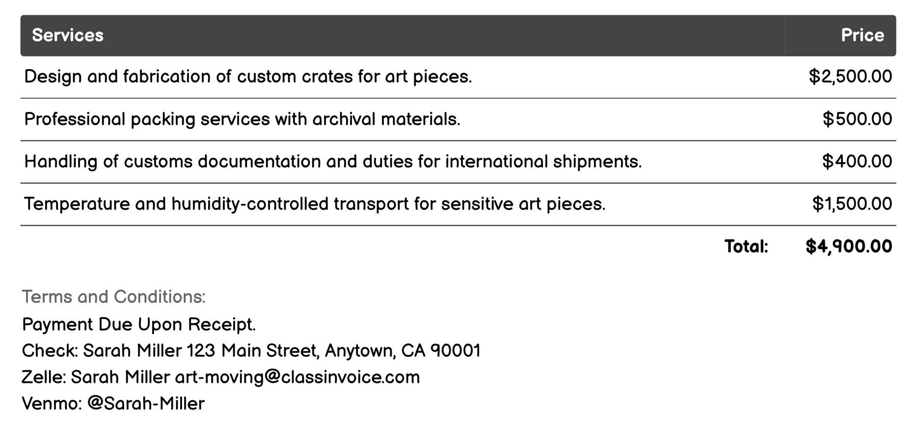 International Art Shipping Invoice Example
