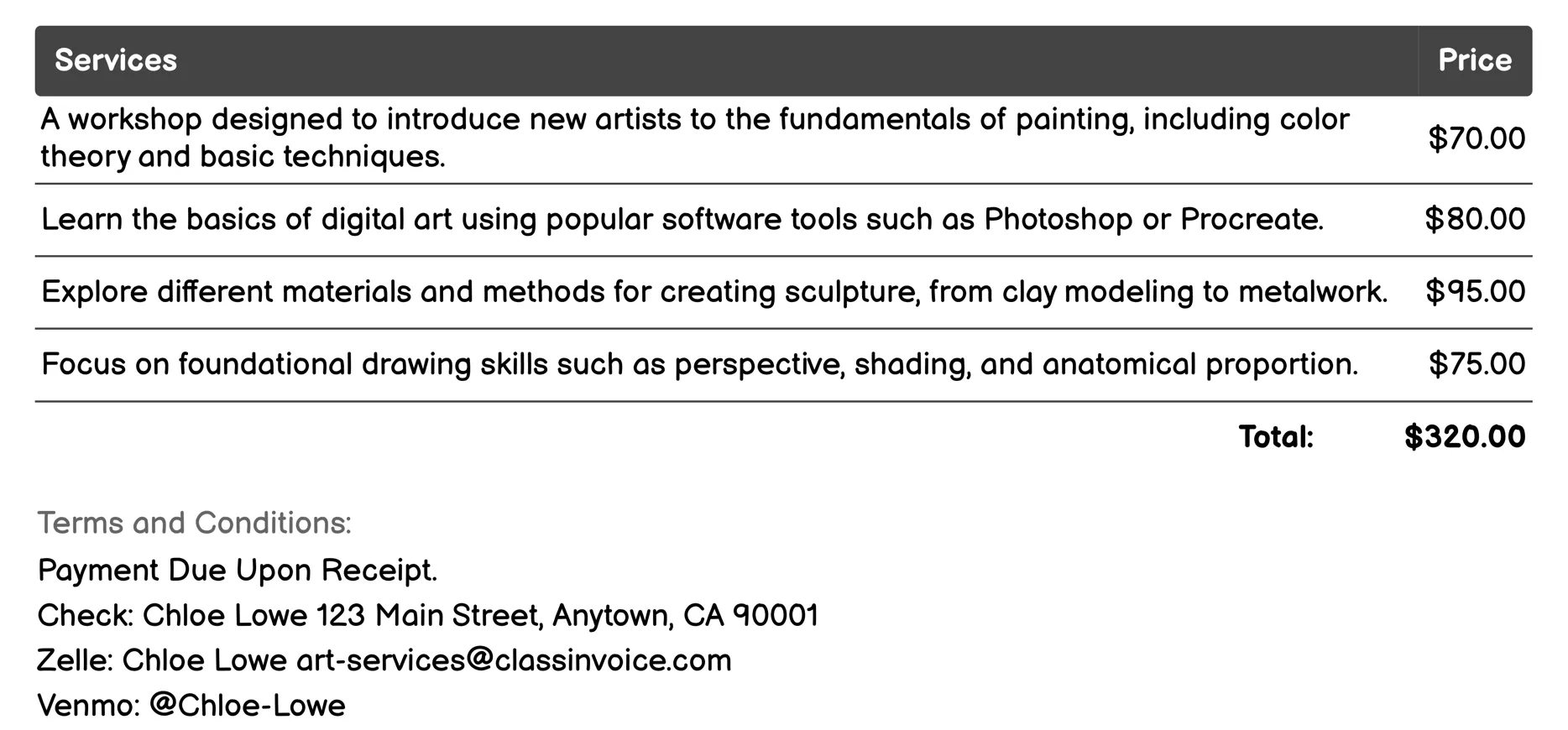 Art Education Workshops Invoice Example