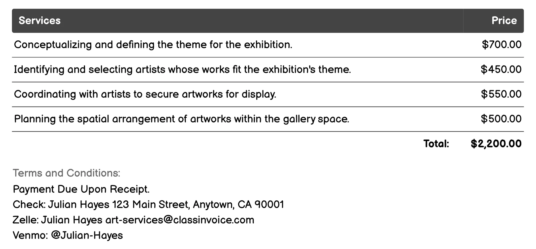 Exhibition Curation Invoice Example