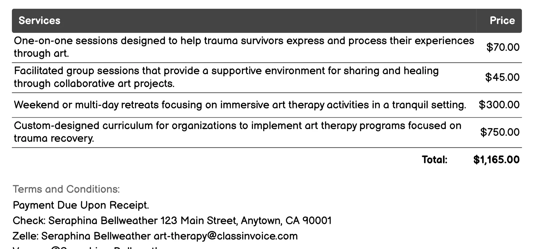 Art Therapy for Trauma Survivors Invoice Example