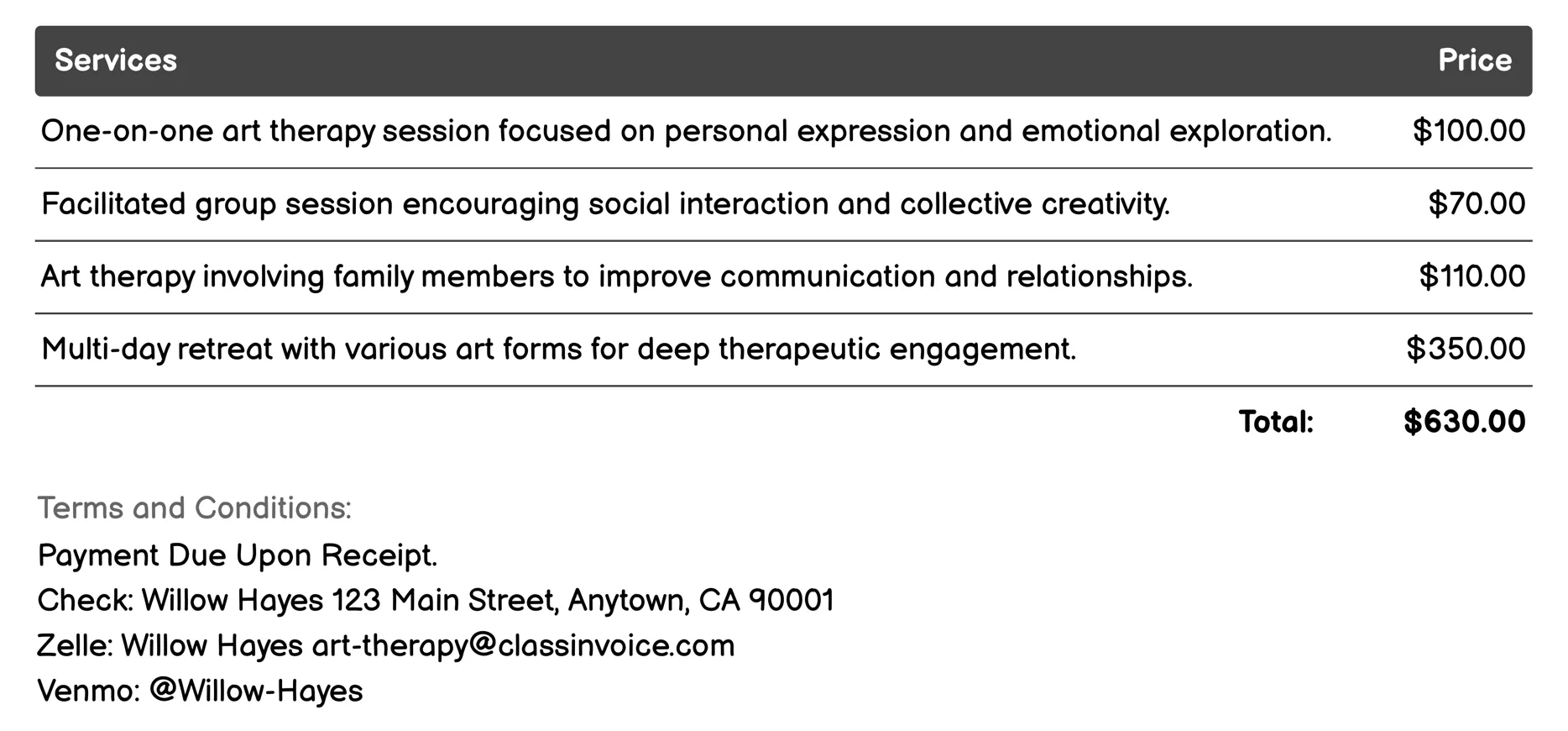 Child Art Therapy Invoice Example