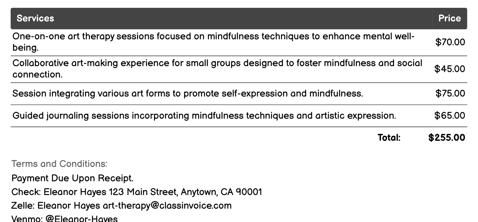 Mindfulness-Based Art Therapy Invoice Example