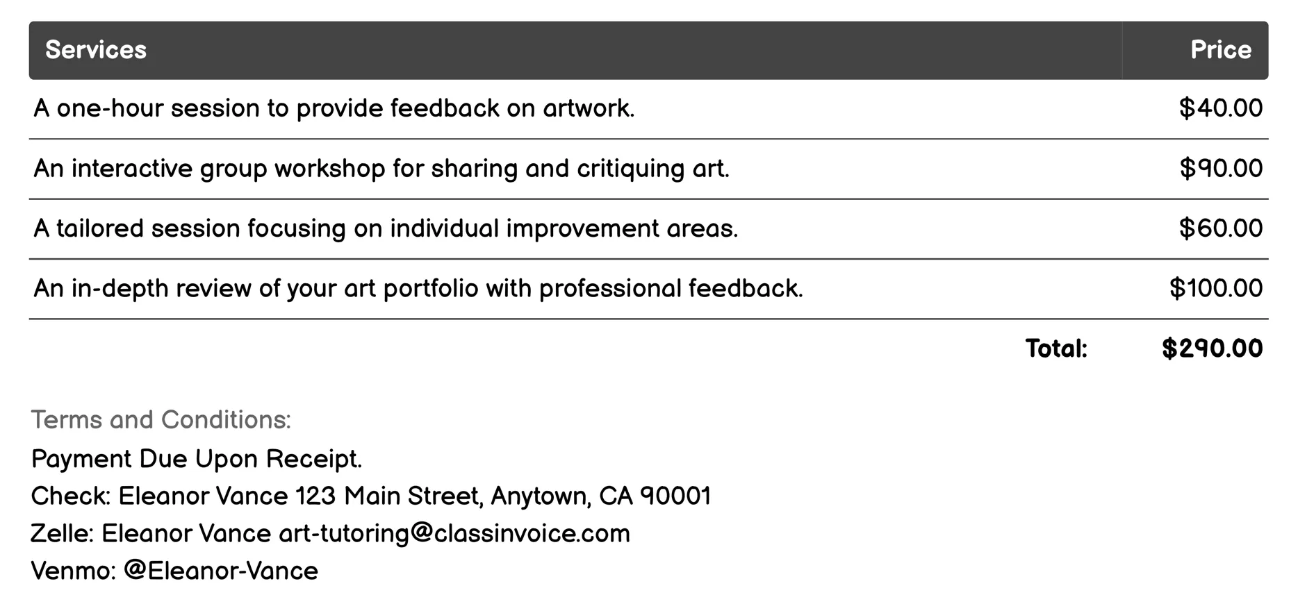 Art Critique Sessions Invoice Example