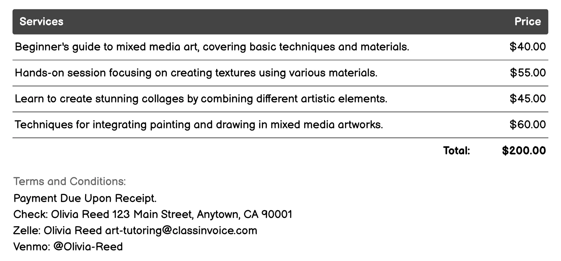Mixed Media Art Classes Invoice Example