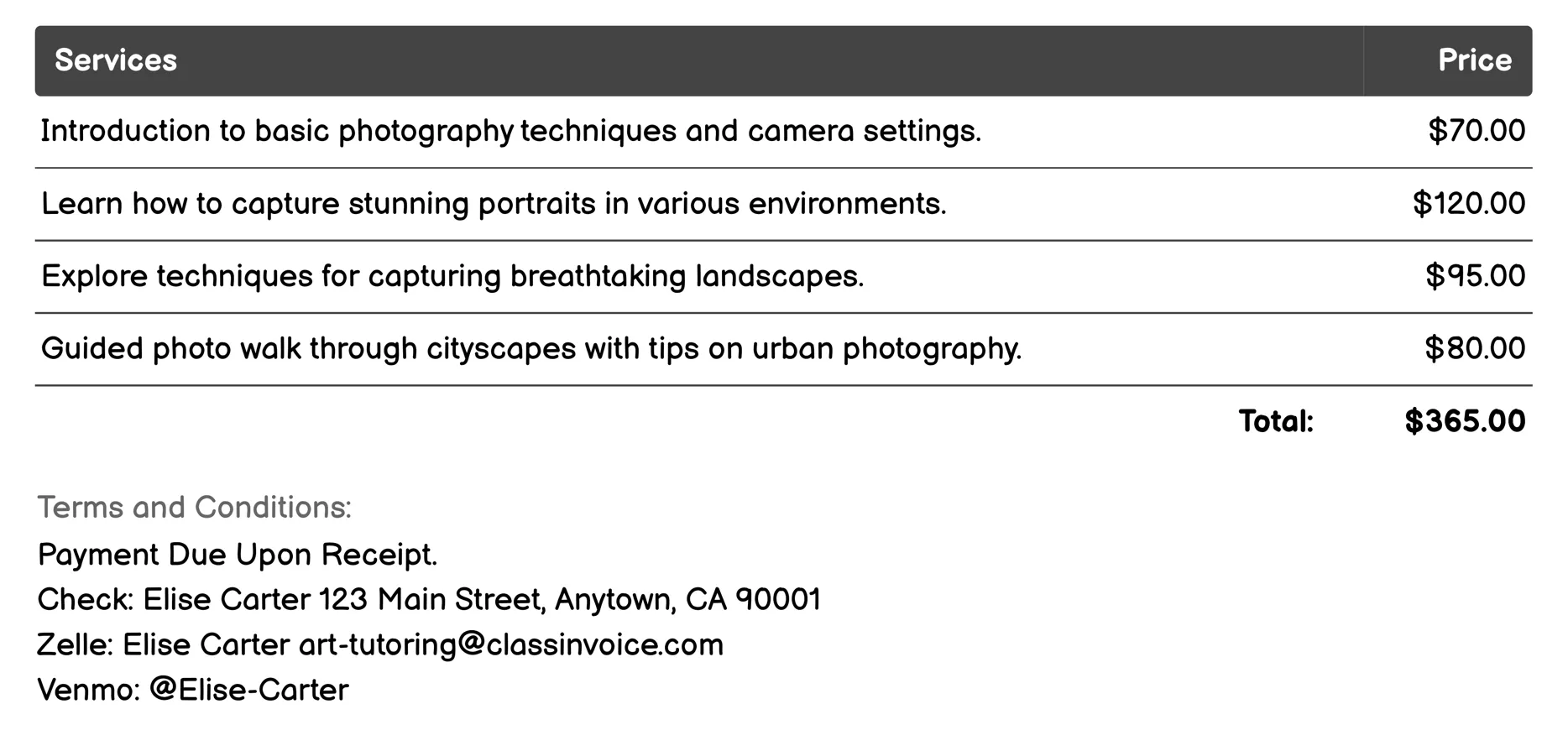Photography Lessons Invoice Example