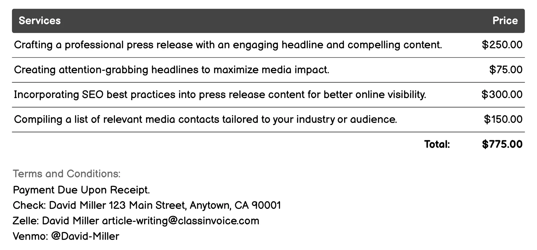 Press Release Writing Invoice Example