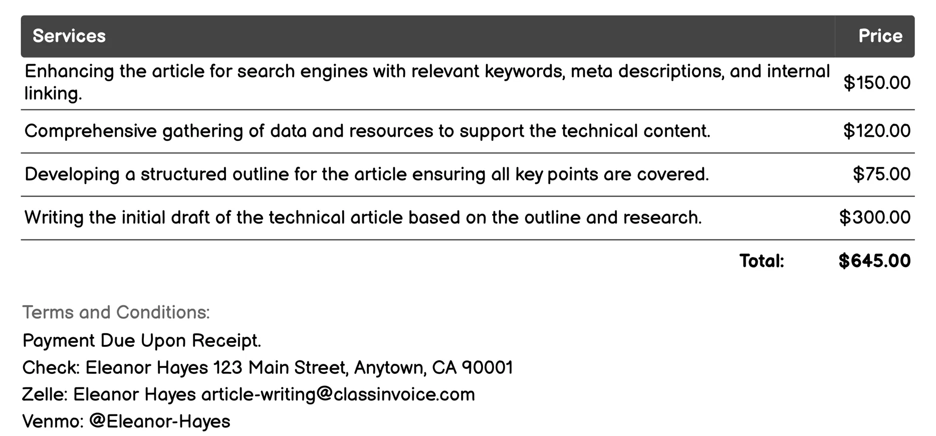 Technical Article Writing Invoice Example