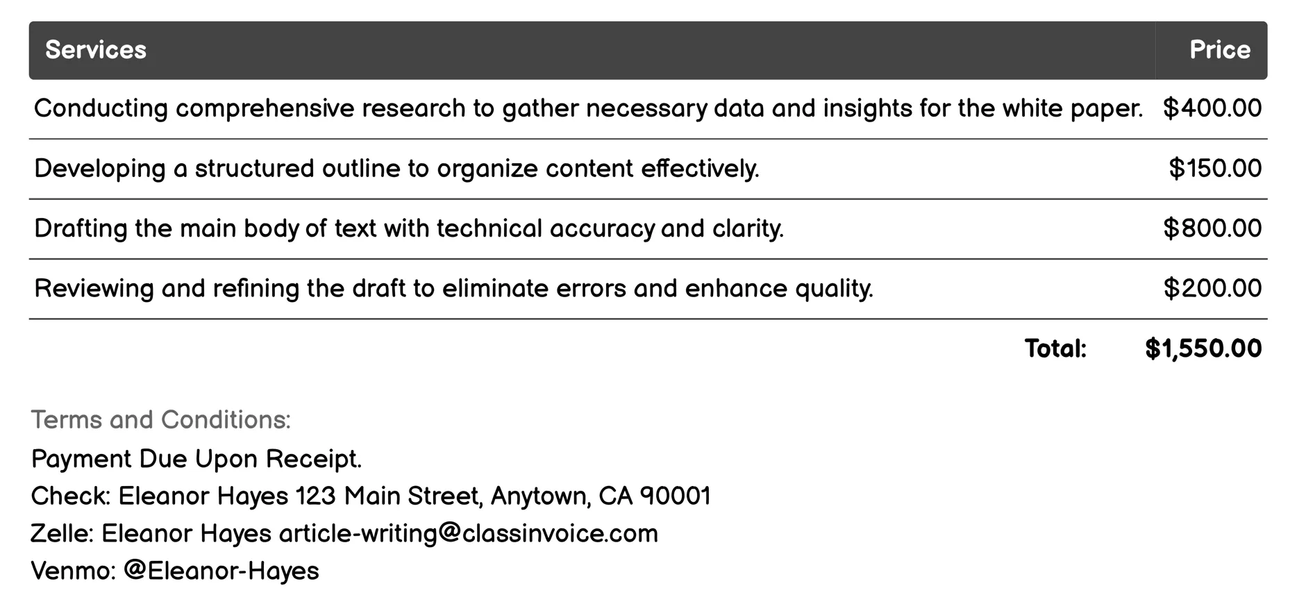 White Paper Writing Invoice Example